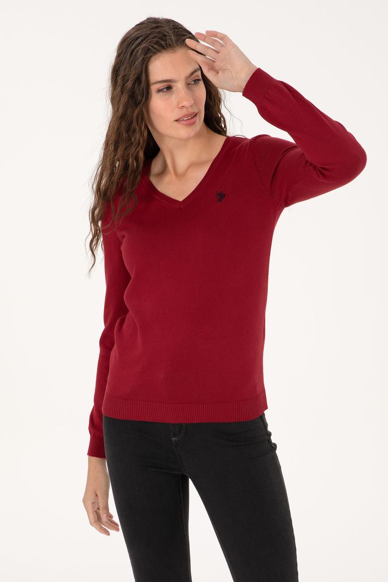 Kadın Kırmızı V Yaka Basic Kazak - 50313590074