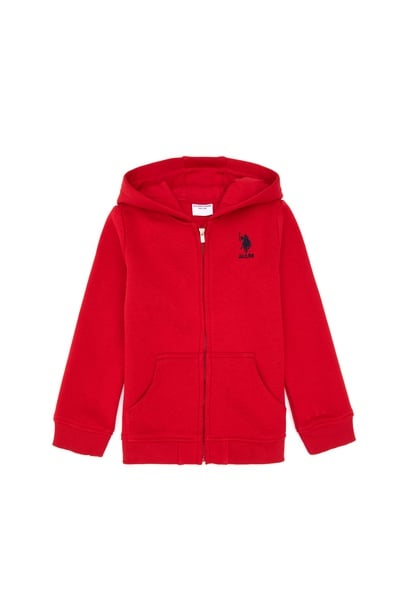 Kız Çocuk Kırmızı Kapüşonlu Fermuarlı Şardonlu Basic Sweatshirt
