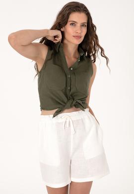 Kadın Koyu Haki Kısa Kollu Gömlek - 50299740027