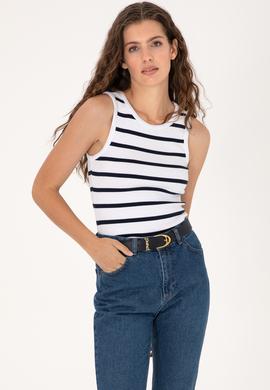 Kadın Beyaz Çizgili Kolsuz Bisiklet Yaka Tişört - 50307275001