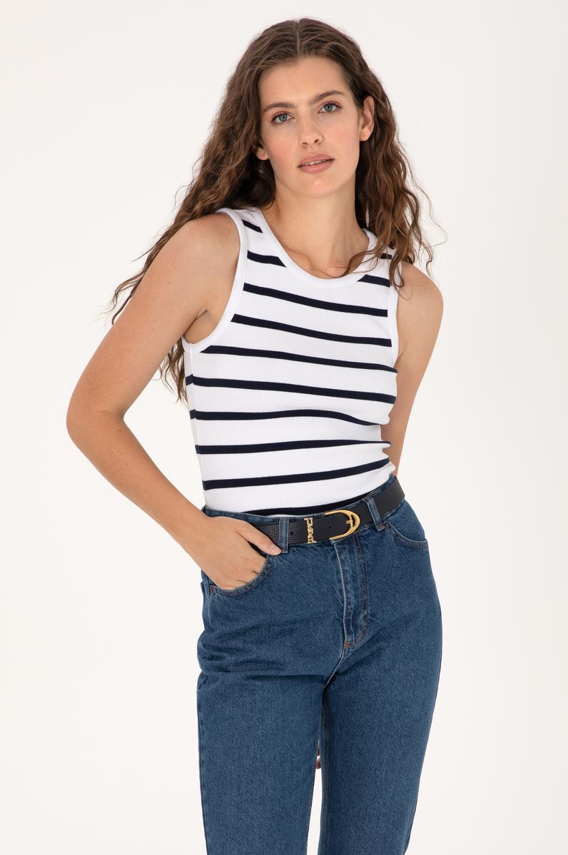 Kadın Beyaz Çizgili Kolsuz Bisiklet Yaka Tişört