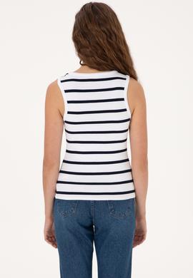 Kadın Beyaz Çizgili Kolsuz Bisiklet Yaka Tişört - 50307275001