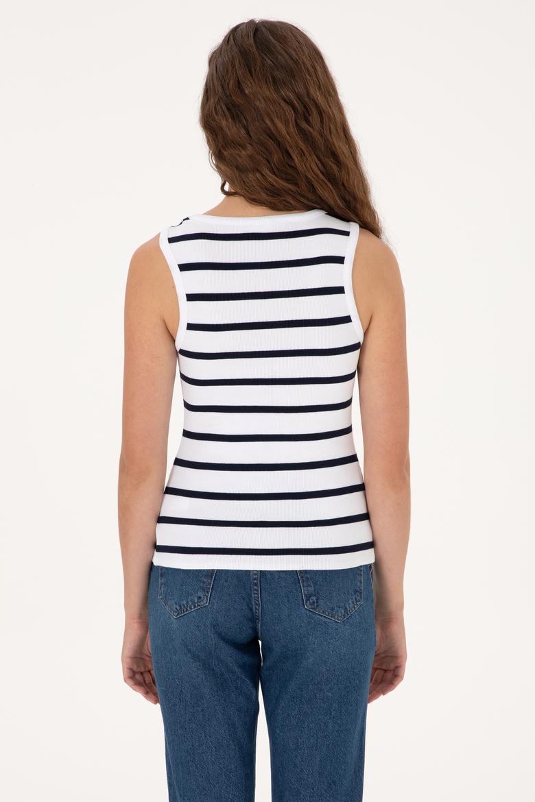Kadın Beyaz Çizgili Kolsuz Bisiklet Yaka Tişört - 50307275001