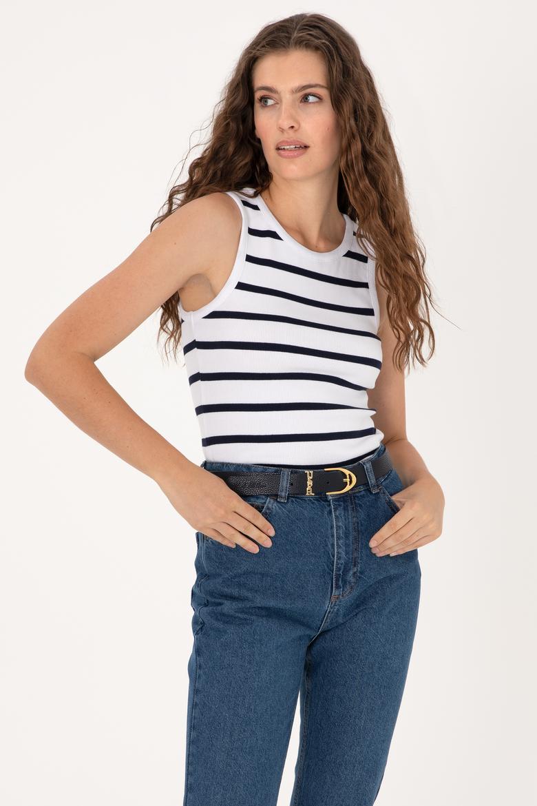 Kadın Beyaz Çizgili Kolsuz Bisiklet Yaka Tişört - 50307275001