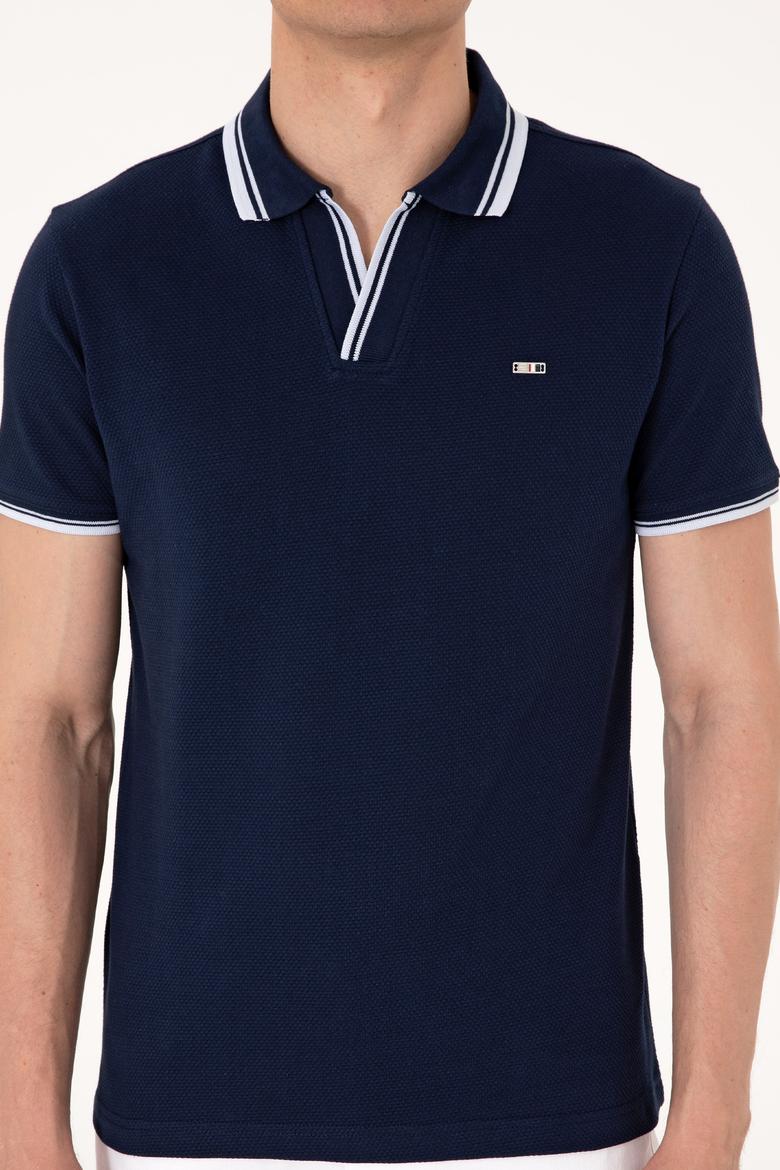 Erkek Slim Fit Kaçık Yaka Lacivert Tişört - 50306872033