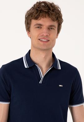 Erkek Slim Fit Kaçık Yaka Lacivert Tişört - 50306872033