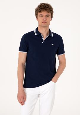 Erkek Slim Fit Kaçık Yaka Lacivert Tişört - 50306872033