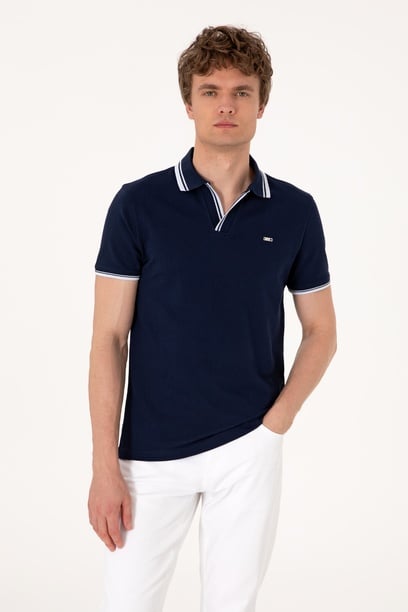 Erkek Slim Fit Kaçık Yaka Lacivert Tişört
