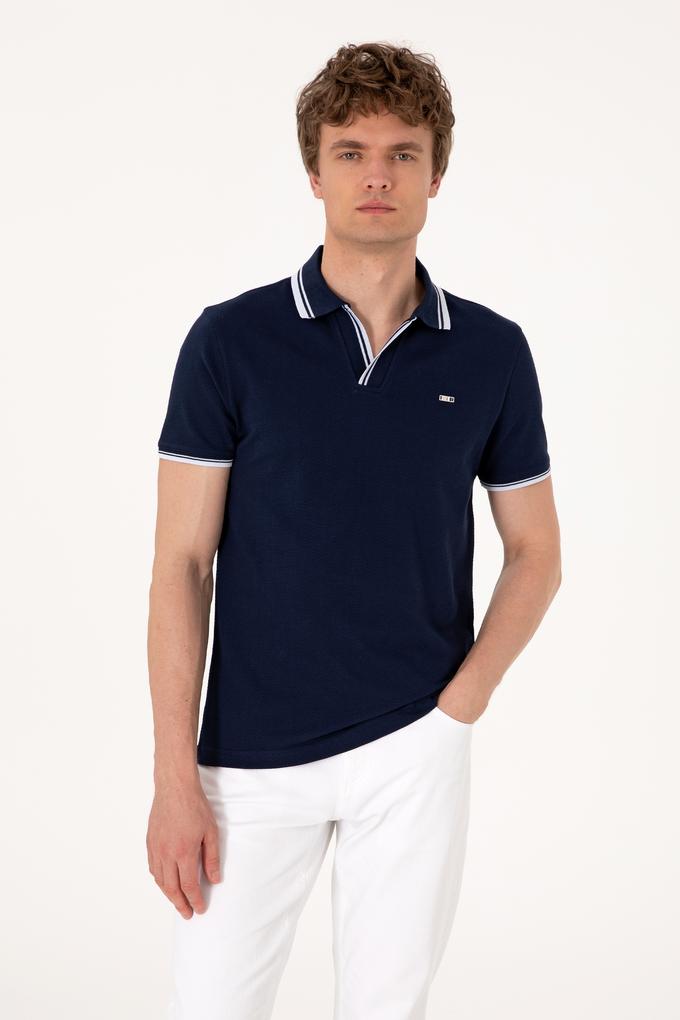 Erkek Slim Fit Kaçık Yaka Lacivert Tişört