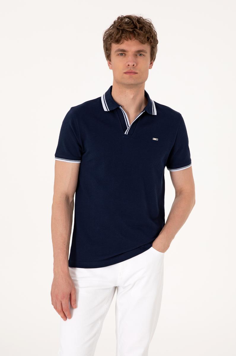 Erkek Slim Fit Kaçık Yaka Lacivert Tişört