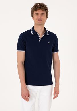 Erkek Slim Fit Kaçık Yaka Lacivert Tişört - 50306872033