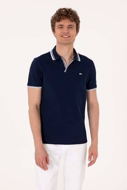 Erkek Slim Fit Kaçık Yaka Lacivert Tişört