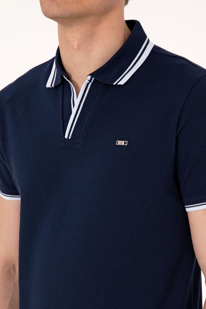 Erkek Slim Fit Kaçık Yaka Lacivert Tişört - 50306872033