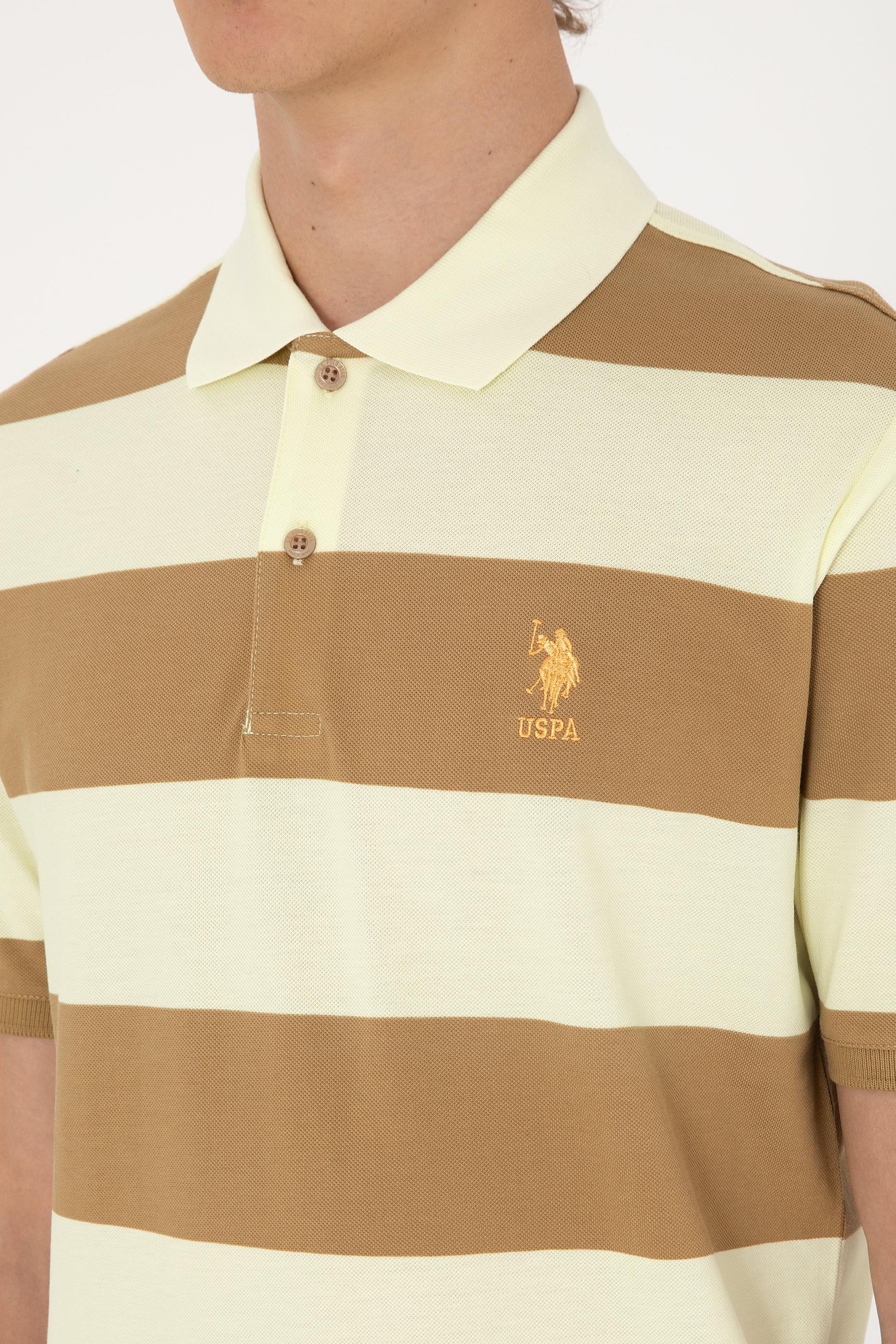 Erkek Regular Fit Haki Polo Yaka Çizgili Tişört