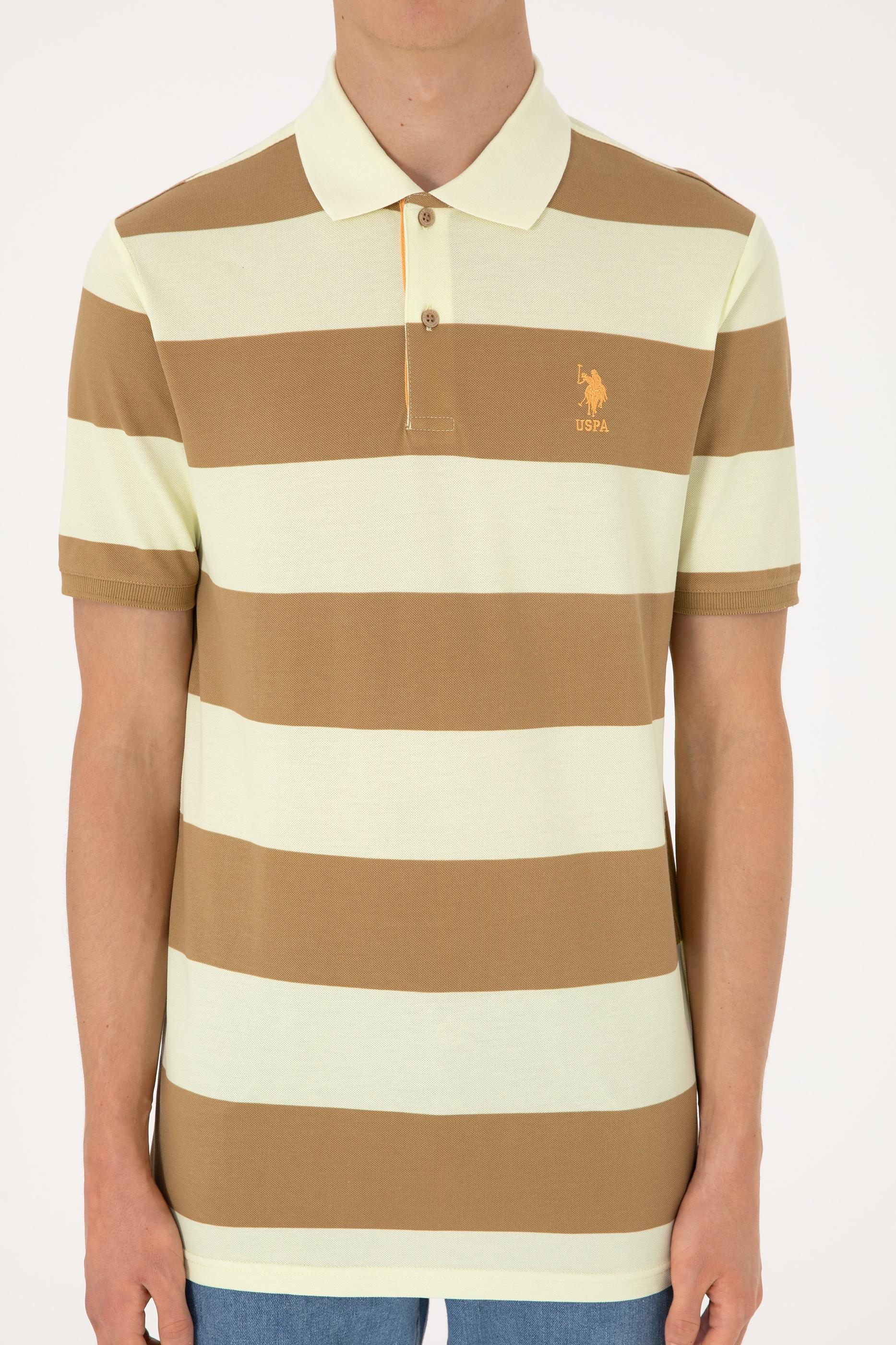 Erkek Regular Fit Haki Polo Yaka Çizgili Tişört