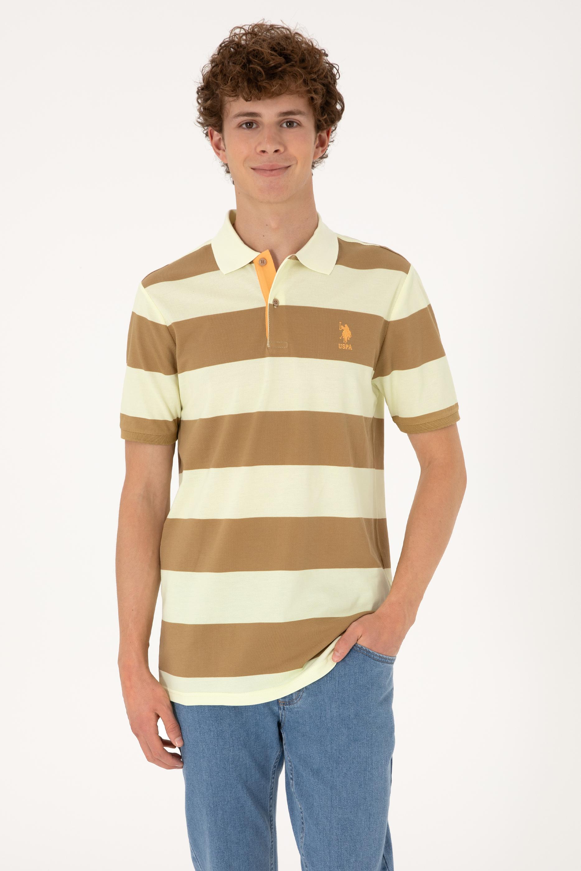 Erkek Regular Fit Haki Polo Yaka Çizgili Tişört