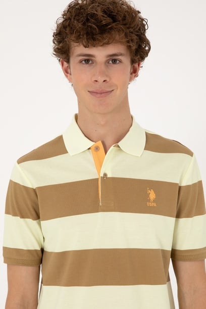 Erkek Regular Fit Haki Polo Yaka Çizgili Tişört