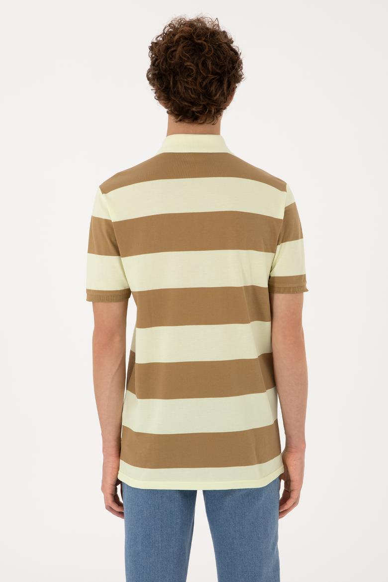 Erkek Regular Fit Haki Polo Yaka Çizgili Tişört - 50306827021