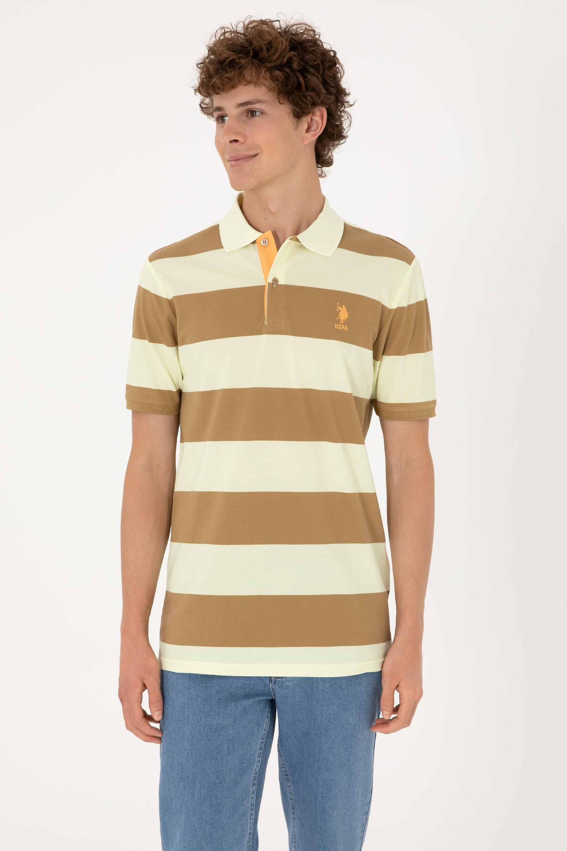 Erkek Regular Fit Haki Polo Yaka Çizgili Tişört