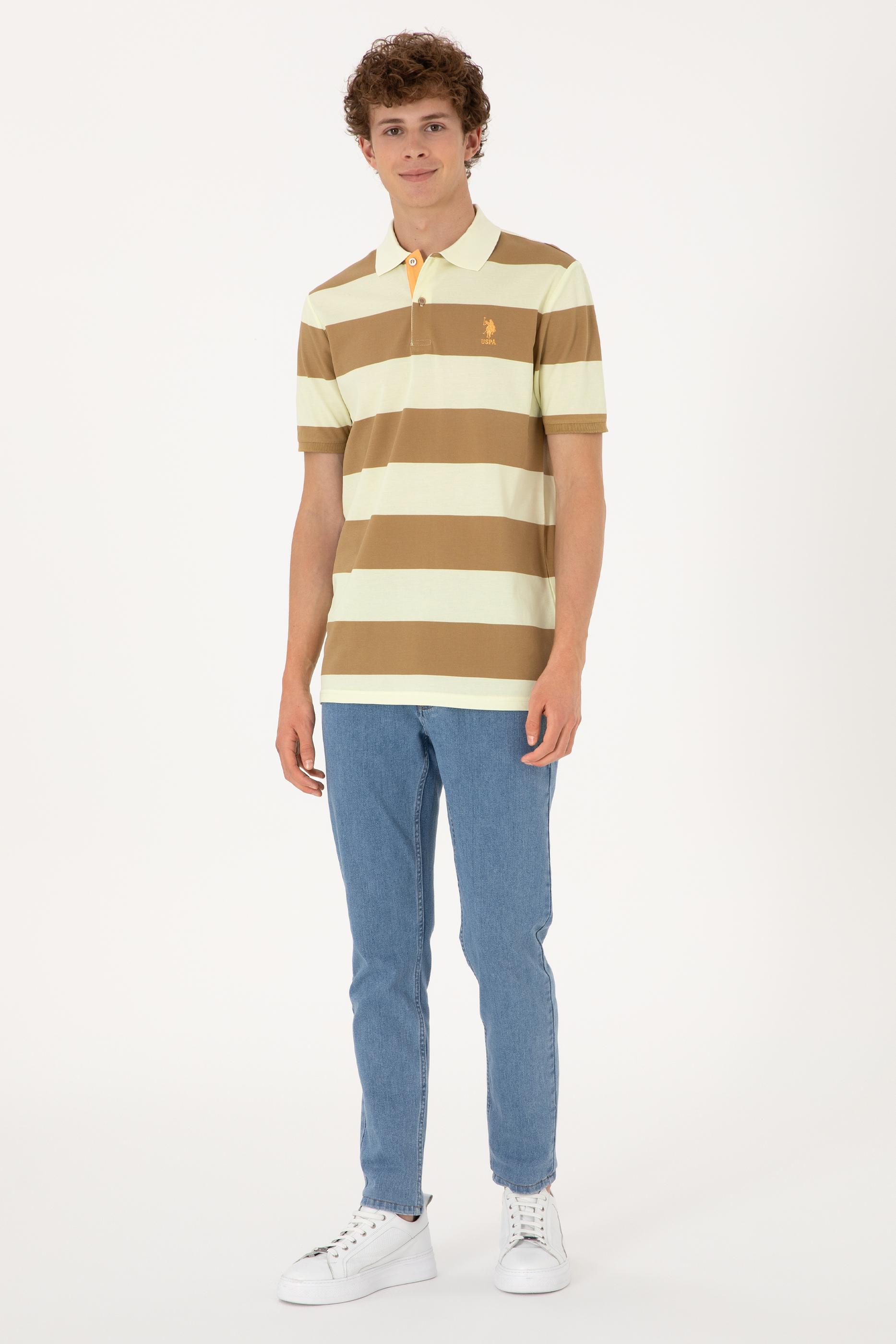 Erkek Regular Fit Haki Polo Yaka Çizgili Tişört