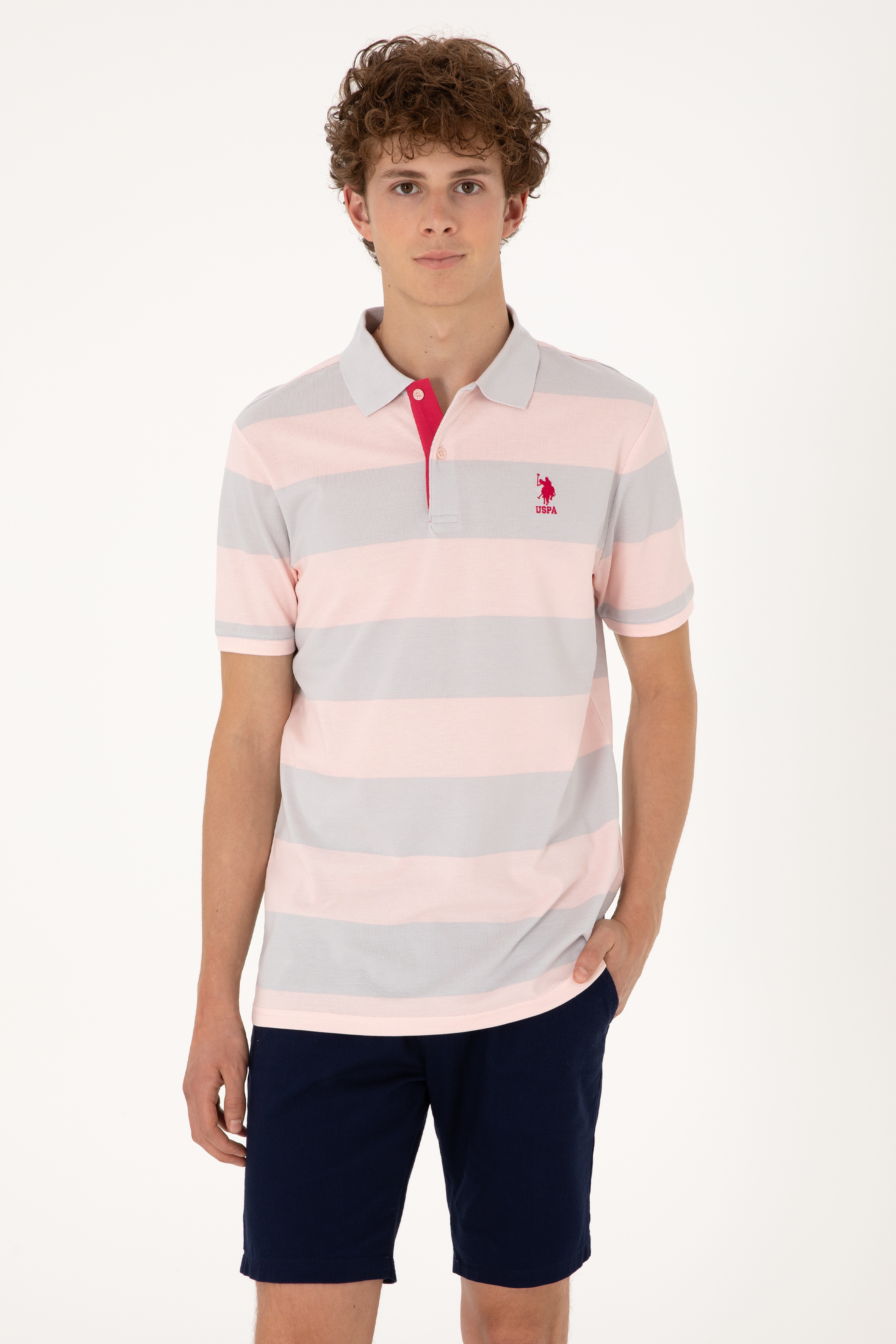 Erkek Regular Fit Pudra Polo Yaka Çizgili Tişört
