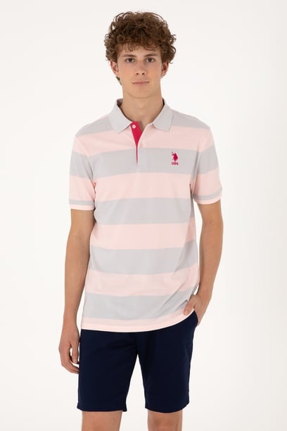 Erkek Regular Fit Pudra Polo Yaka Çizgili Tişört