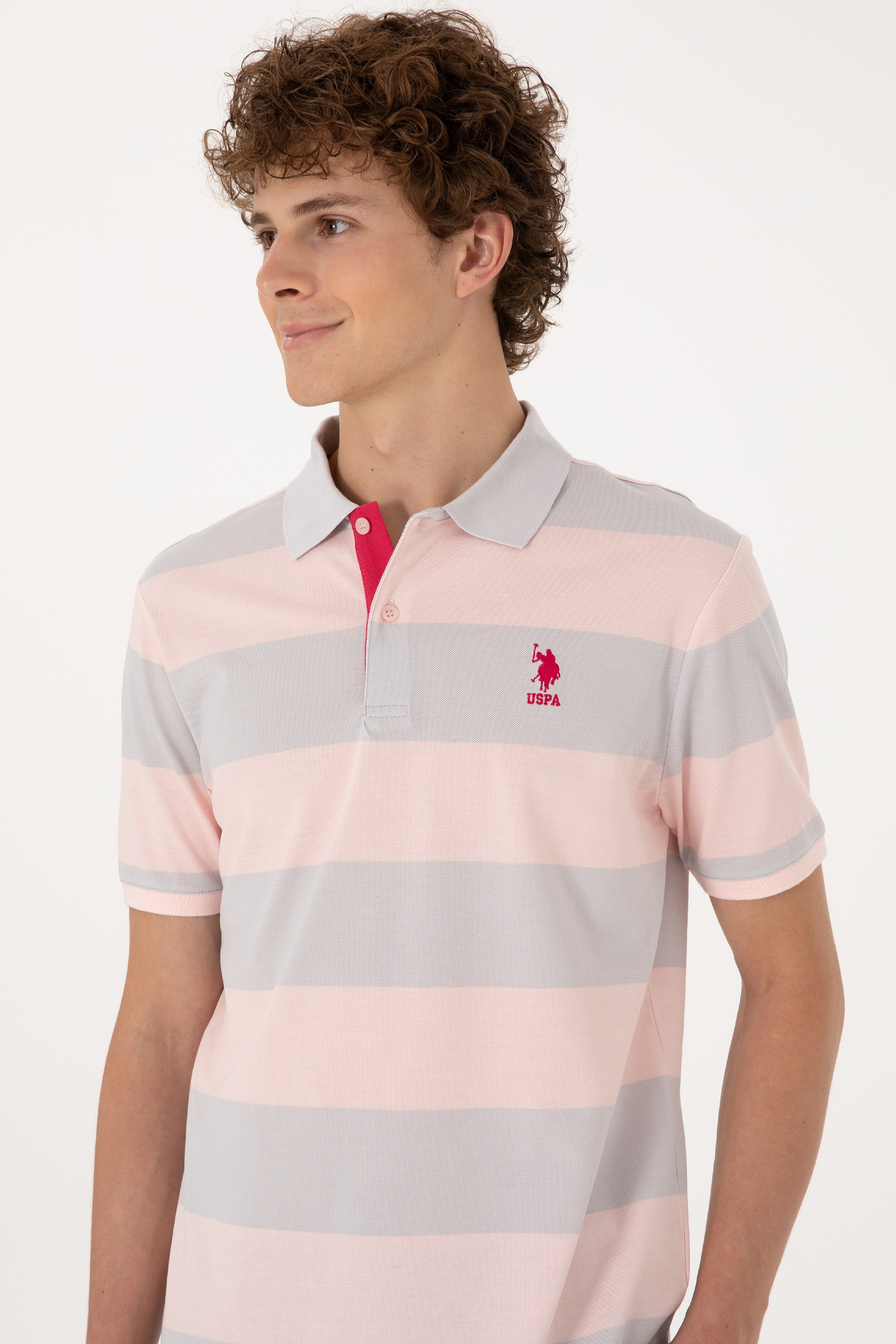 Erkek Regular Fit Pudra Polo Yaka Çizgili Tişört