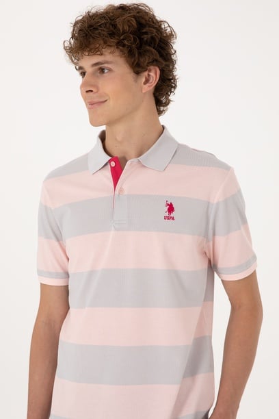 Erkek Regular Fit Pudra Polo Yaka Çizgili Tişört