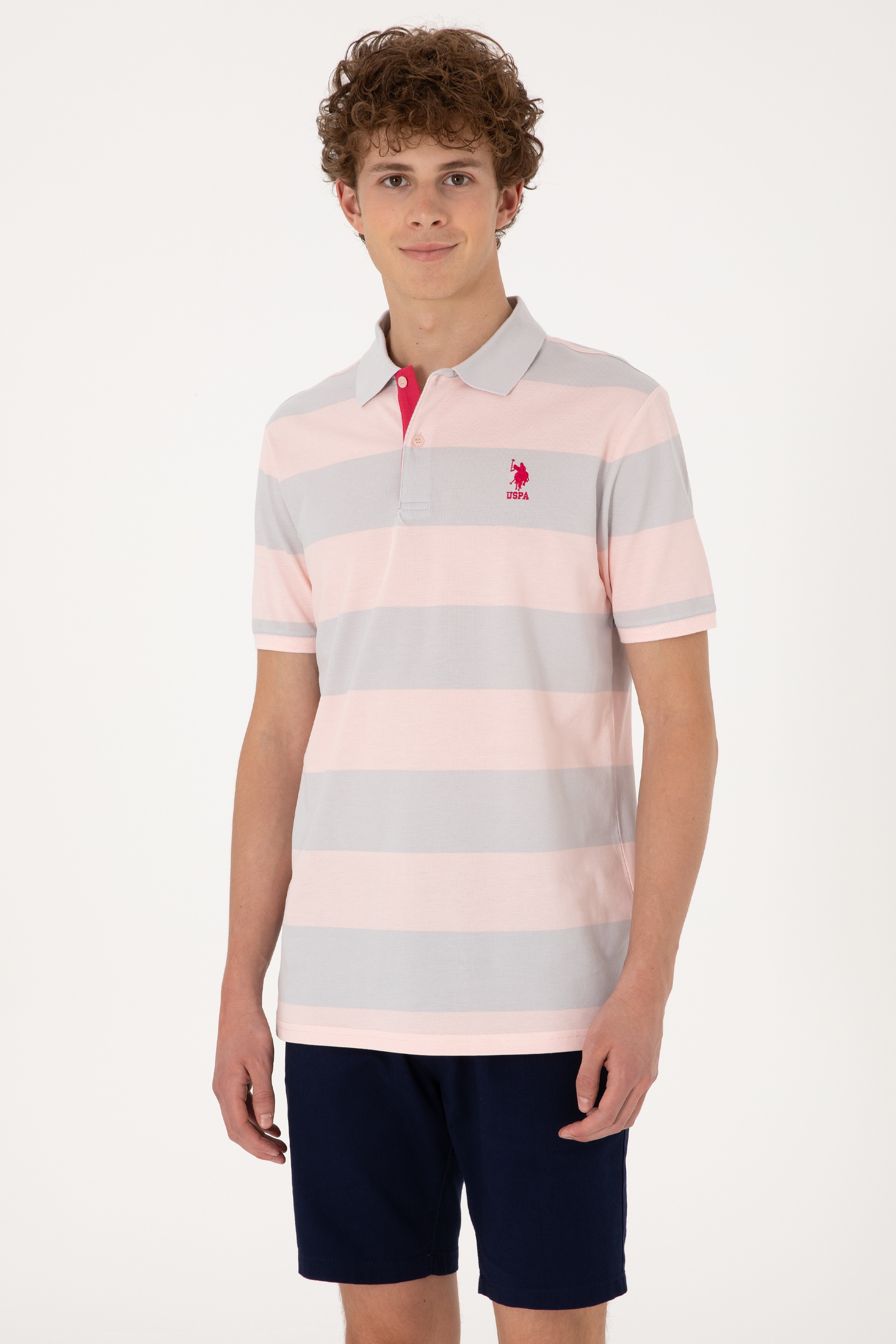 Erkek Regular Fit Pudra Polo Yaka Çizgili Tişört - Image 1