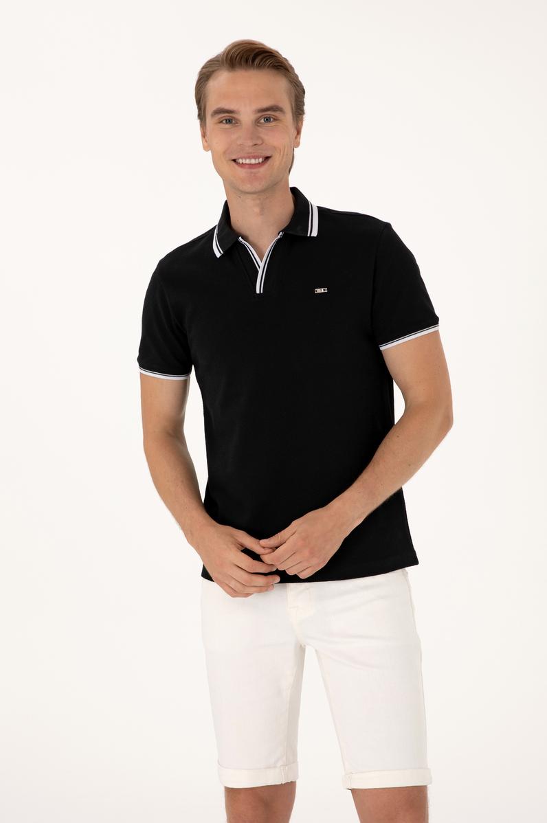 Erkek Slim Fit Kaçık Yaka Siyah Tişört