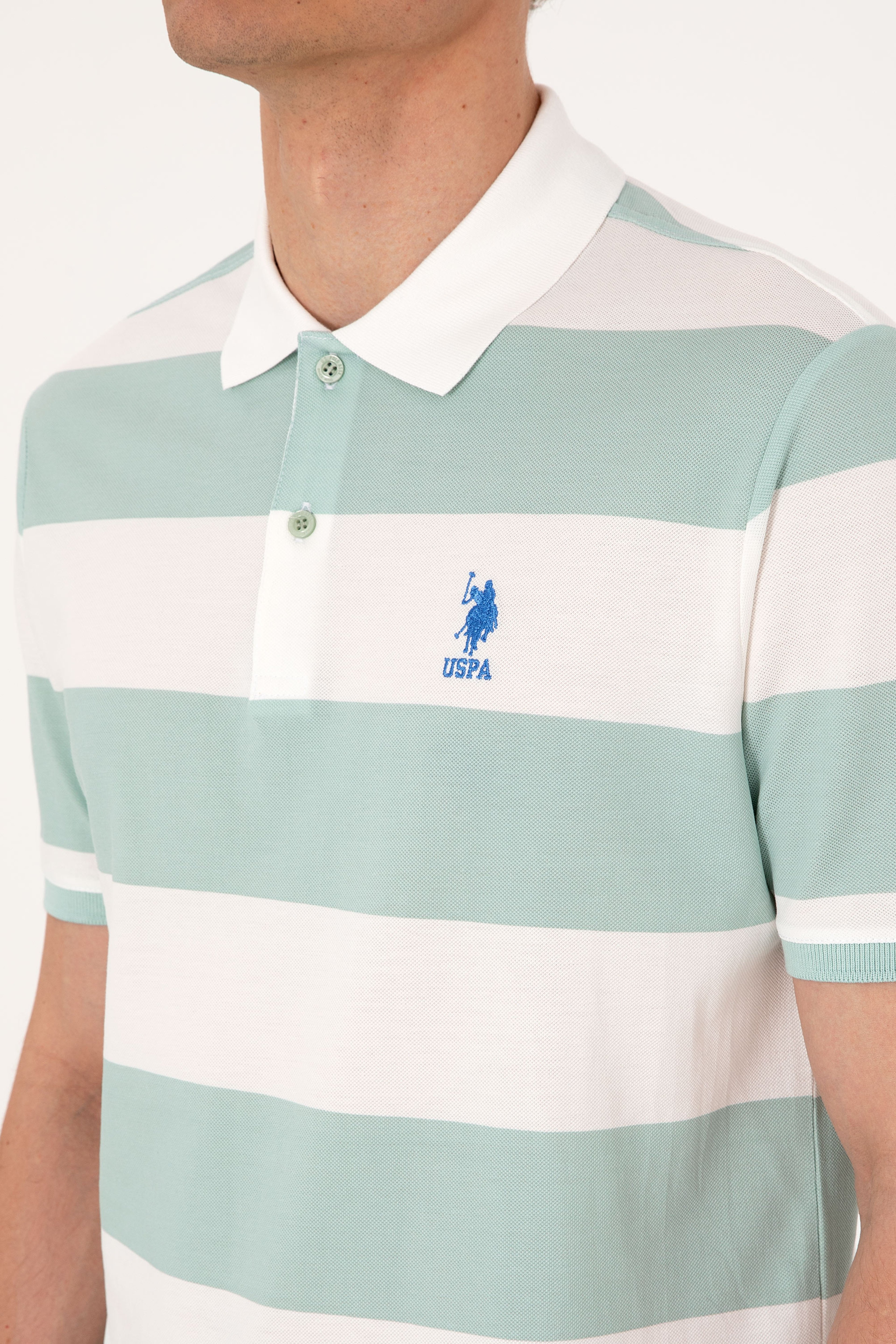 Erkek Regular Fit Su Yeşili Polo Yaka Çizgili Tişört - Image 7