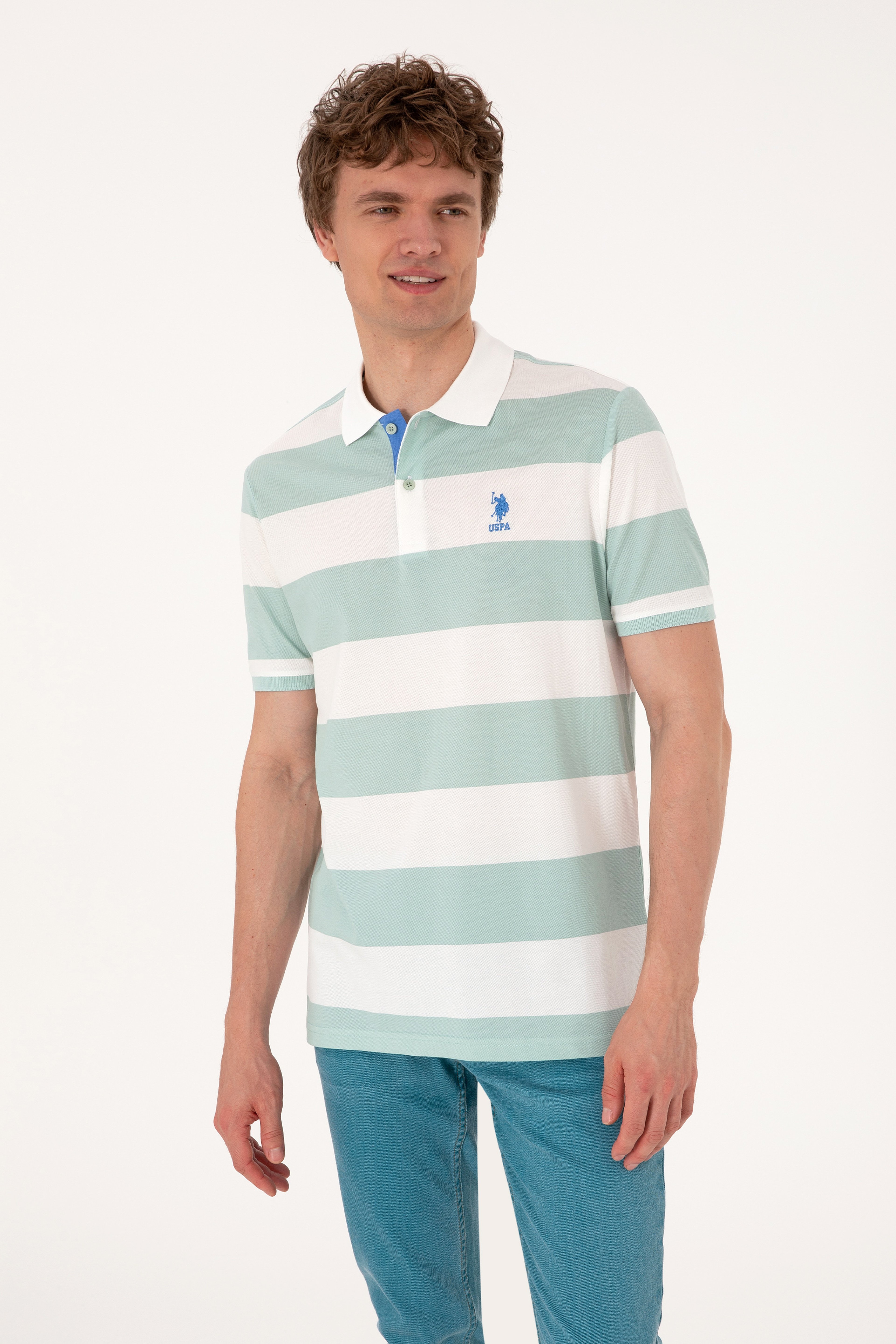Erkek Regular Fit Su Yeşili Polo Yaka Çizgili Tişört - Image 3