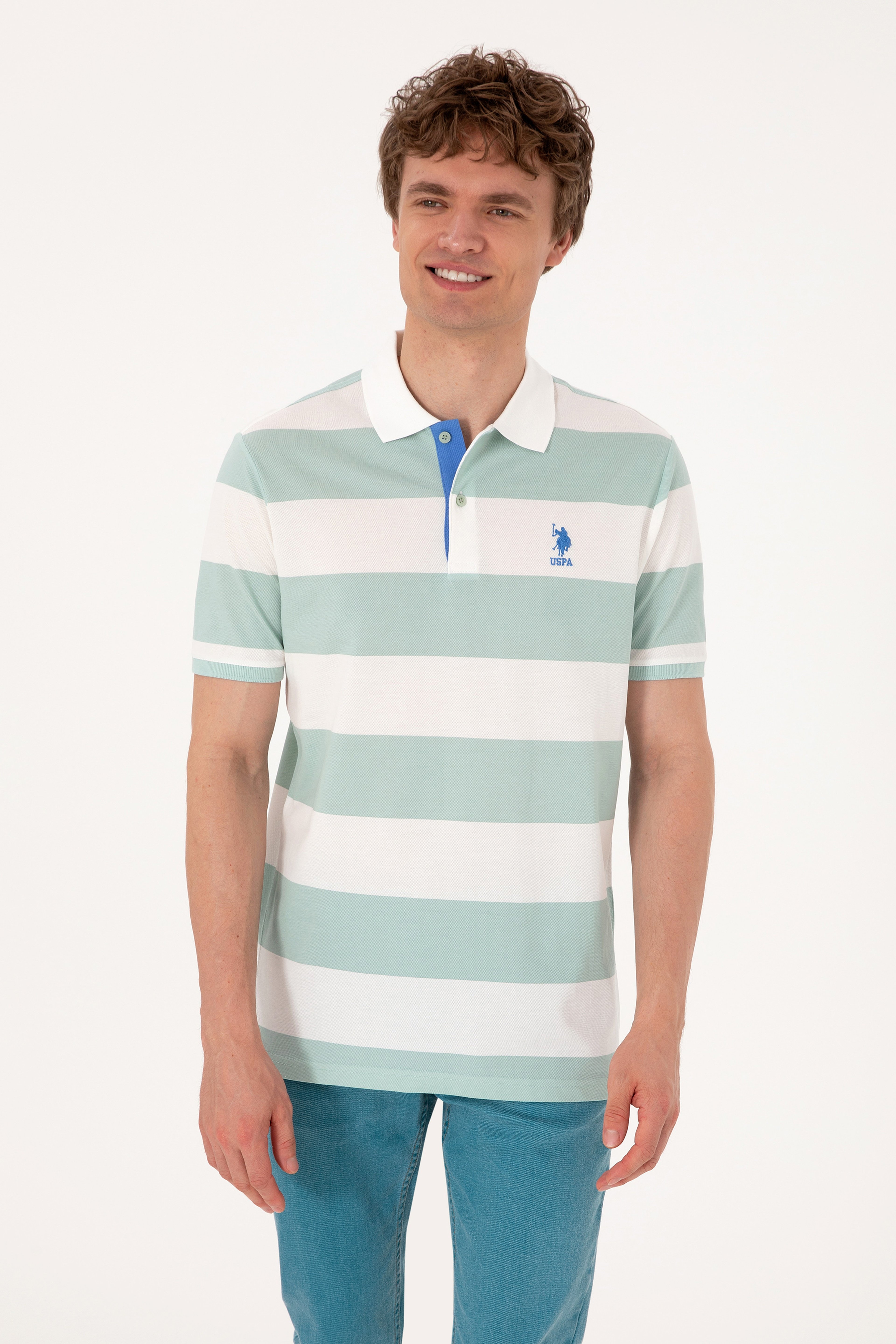 Erkek Regular Fit Su Yeşili Polo Yaka Çizgili Tişört - Image 1