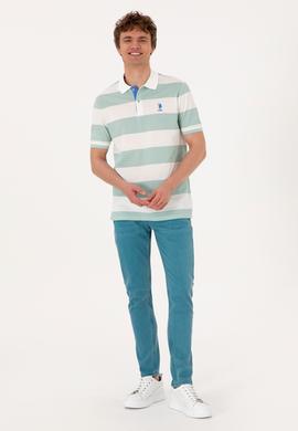 Erkek Regular Fit Su Yeşili Polo Yaka Çizgili Tişört - 50306827011