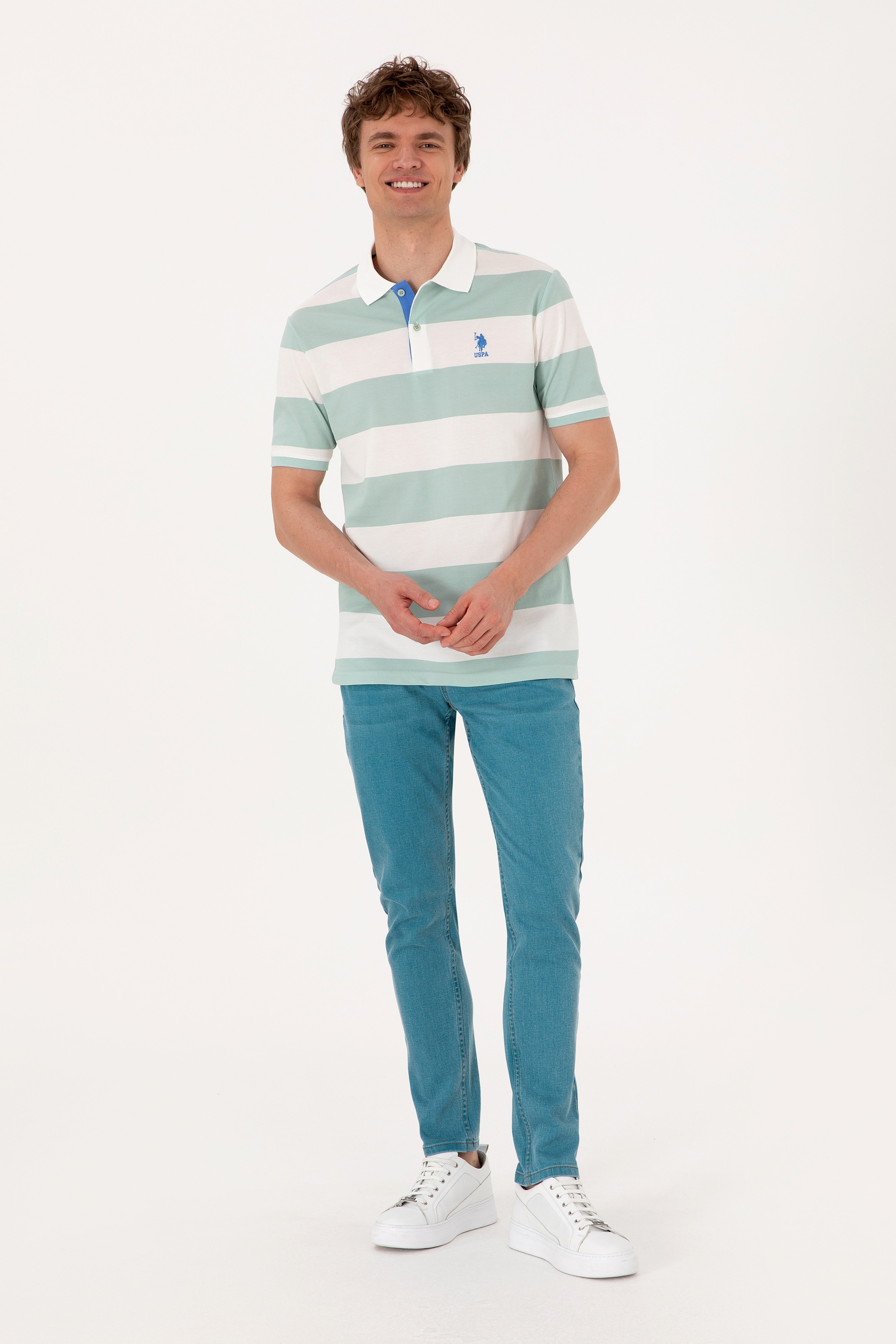 Erkek Regular Fit Su Yeşili Polo Yaka Çizgili Tişört - Image 4