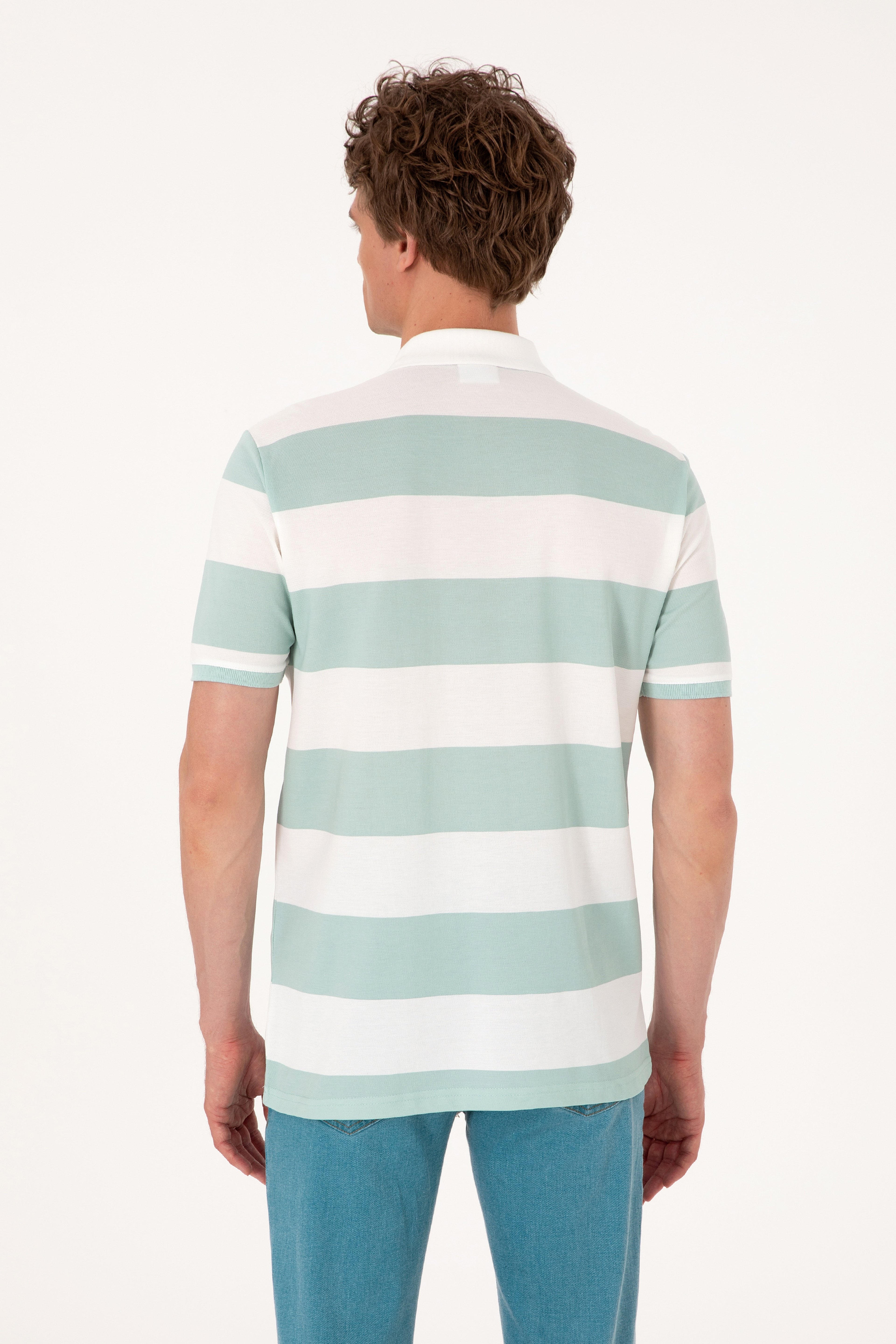 Erkek Regular Fit Su Yeşili Polo Yaka Çizgili Tişört - Image 5