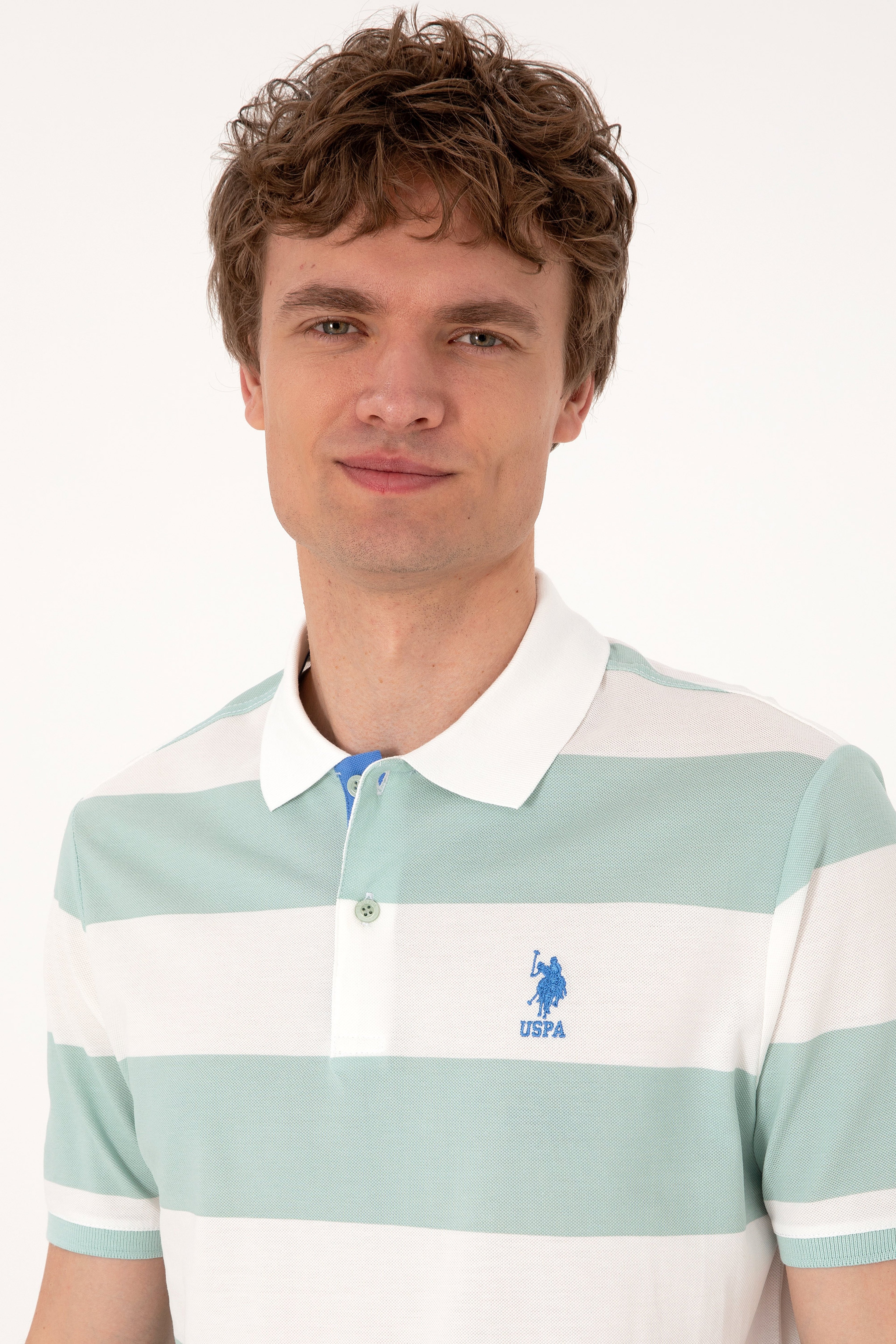 Erkek Regular Fit Su Yeşili Polo Yaka Çizgili Tişört