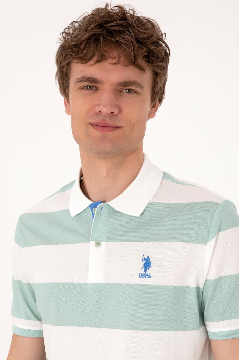 Erkek Regular Fit Su Yeşili Polo Yaka Çizgili Tişört