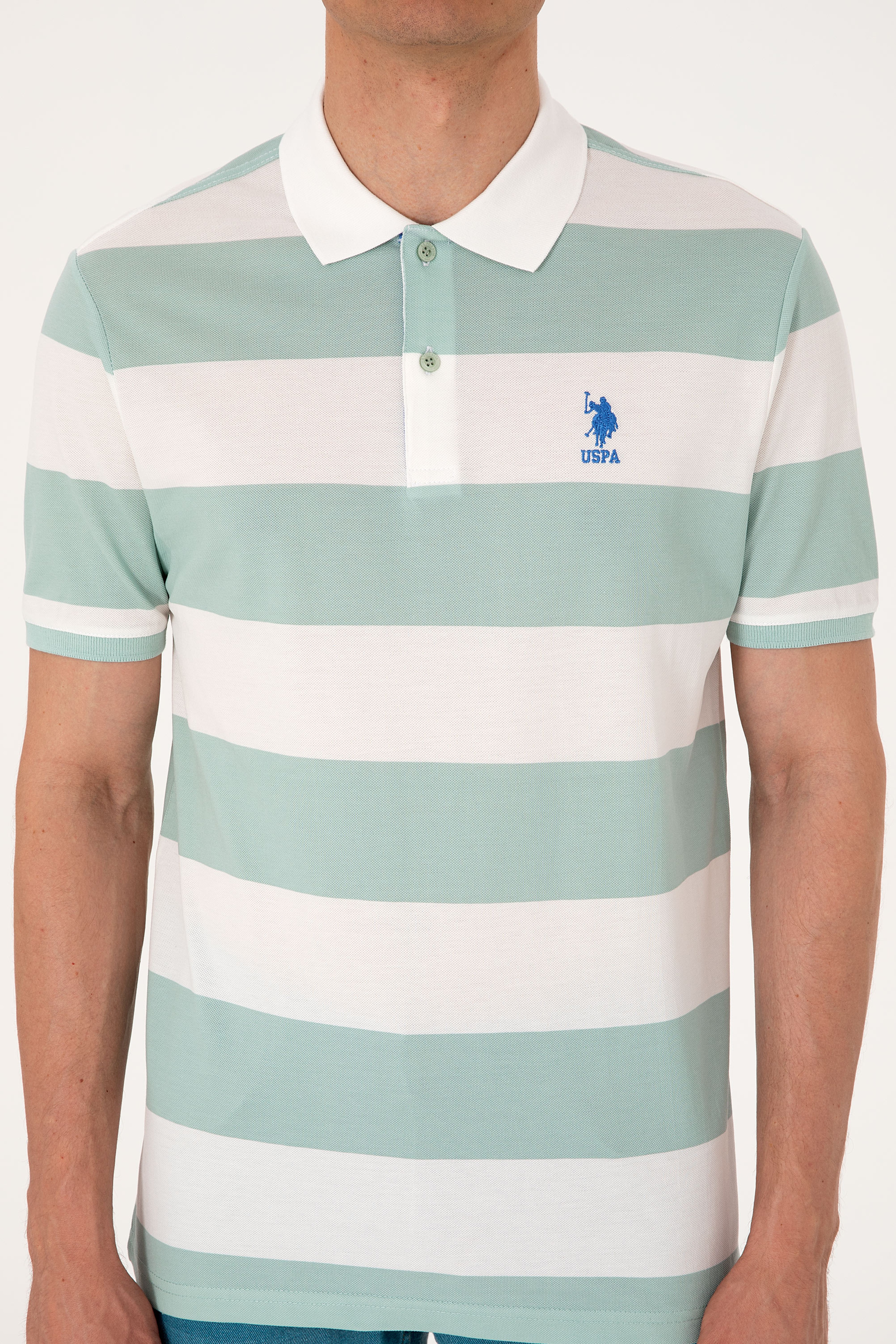 Erkek Regular Fit Su Yeşili Polo Yaka Çizgili Tişört - Image 6
