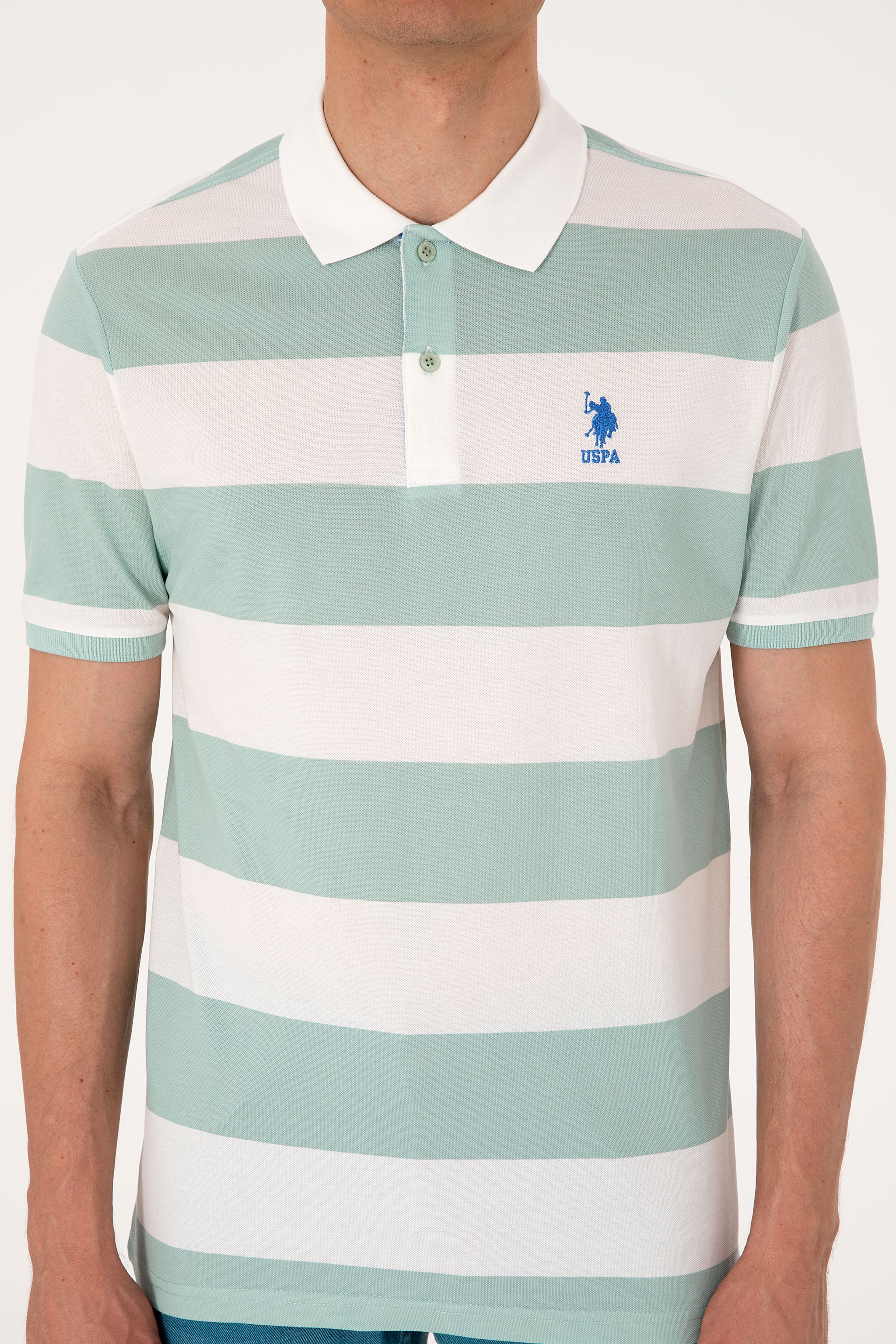 Erkek Regular Fit Su Yeşili Polo Yaka Çizgili Tişört
