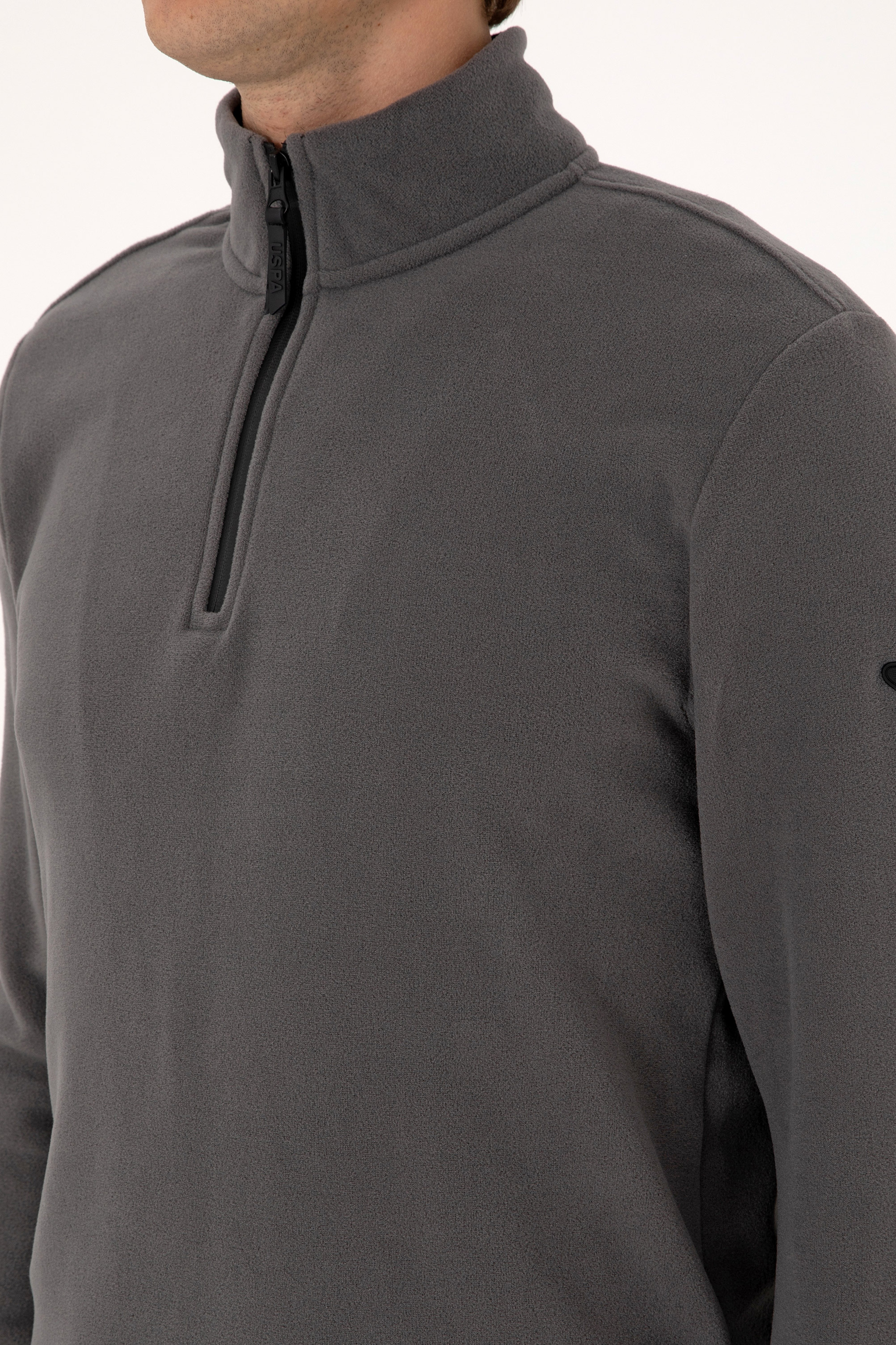Erkek Regular Fit Gri Polar Yarım Fermuarlı Basic Sweatshirt