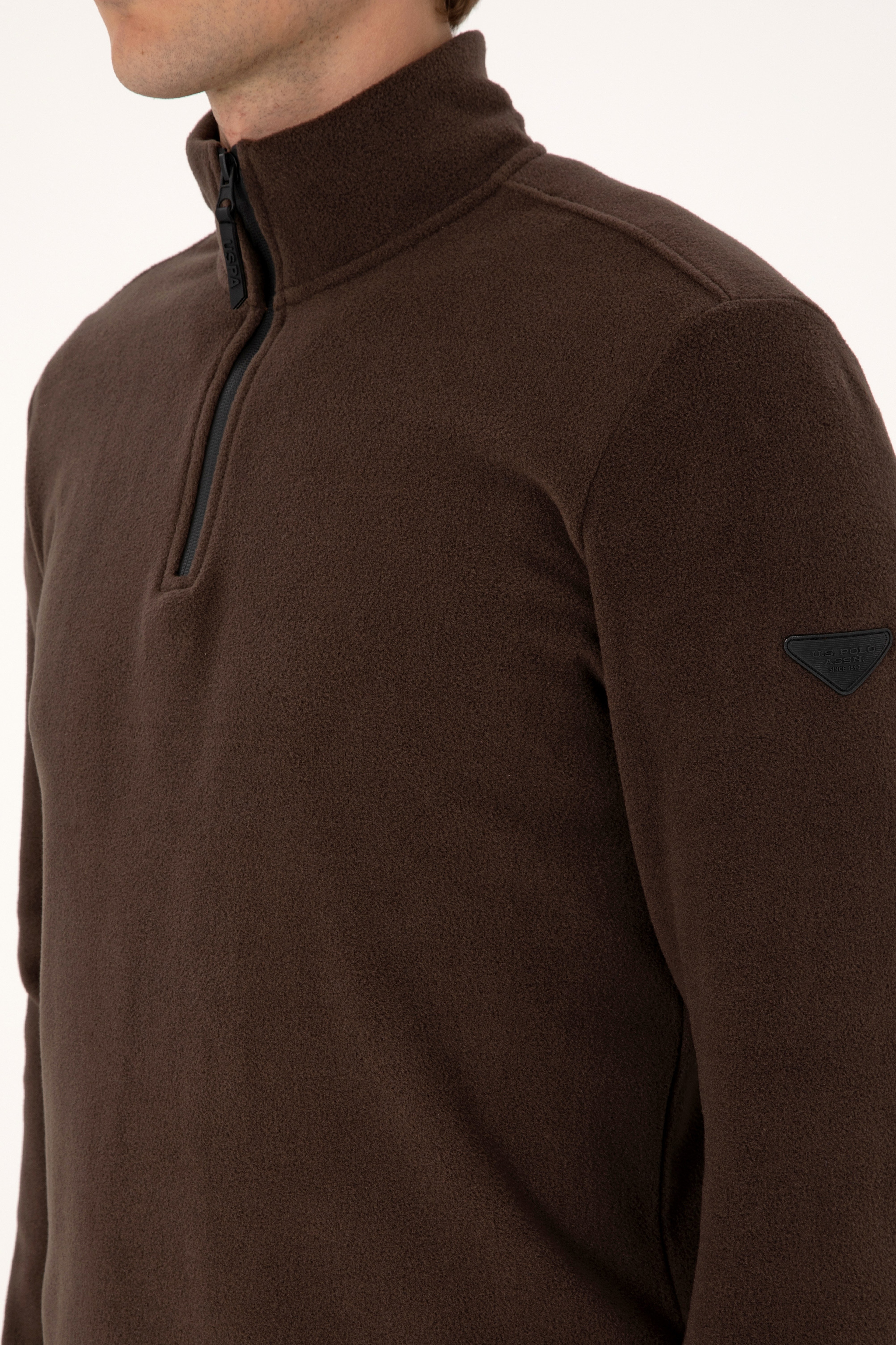 Erkek Regular Fit Koyu Kahverengi Polar Yarım Fermuarlı Basic Sweatshirt - Image 7