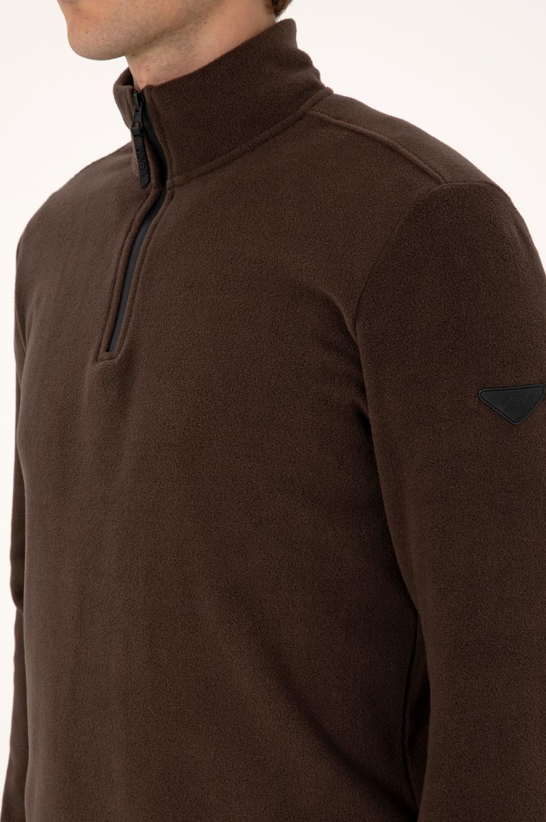 Erkek Regular Fit Koyu Kahverengi Polar Yarım Fermuarlı Basic Sweatshirt