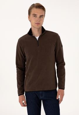 Erkek Regular Fit Koyu Kahverengi Polar Yarım Fermuarlı Basic Sweatshirt - 50313777053