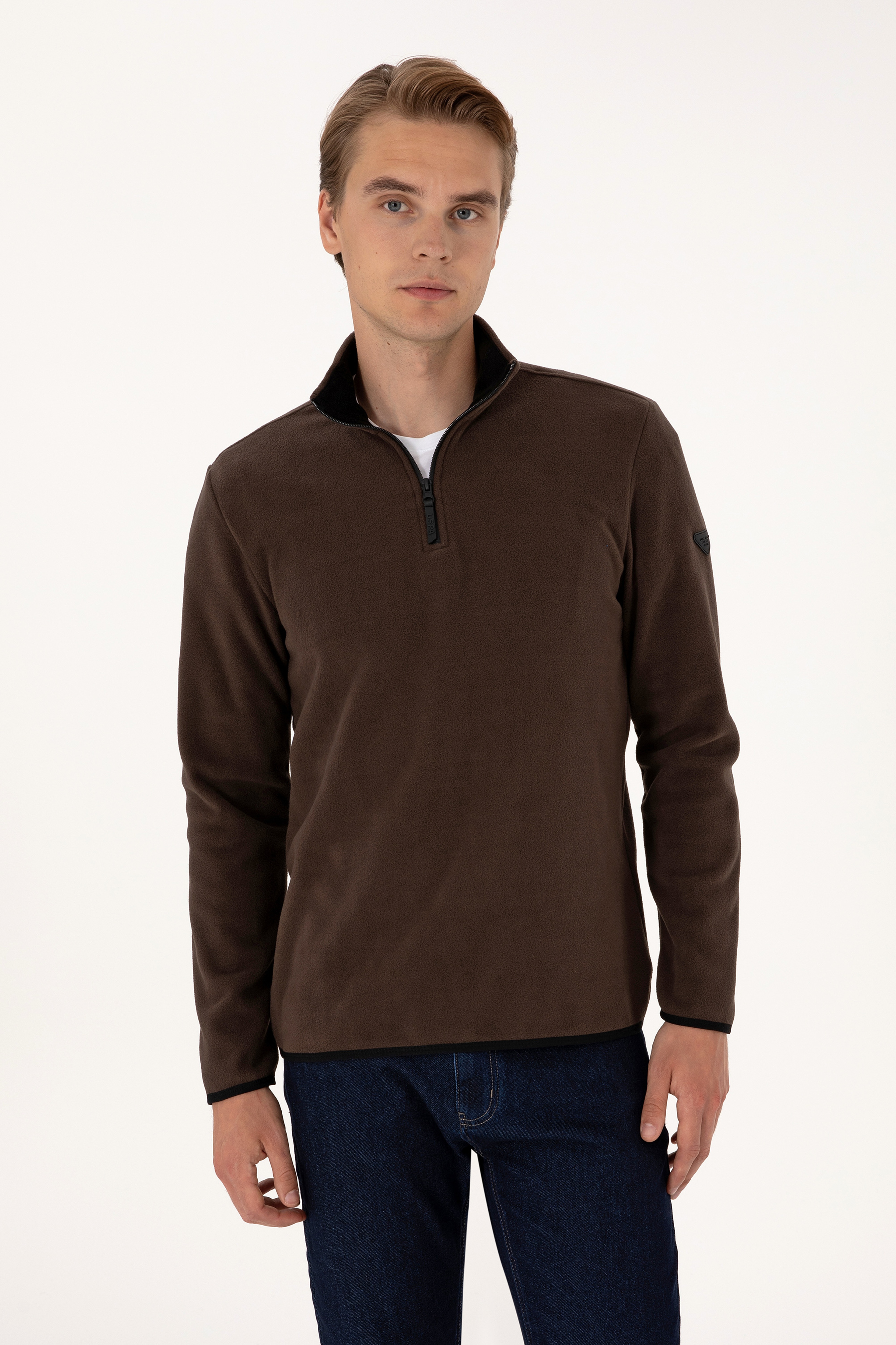 Erkek Regular Fit Koyu Kahverengi Polar Yarım Fermuarlı Basic Sweatshirt - Image 1