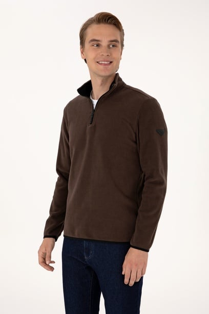 Erkek Regular Fit Koyu Kahverengi Polar Yarım Fermuarlı Basic Sweatshirt