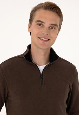Erkek Regular Fit Koyu Kahverengi Polar Yarım Fermuarlı Basic Sweatshirt - 50313777053