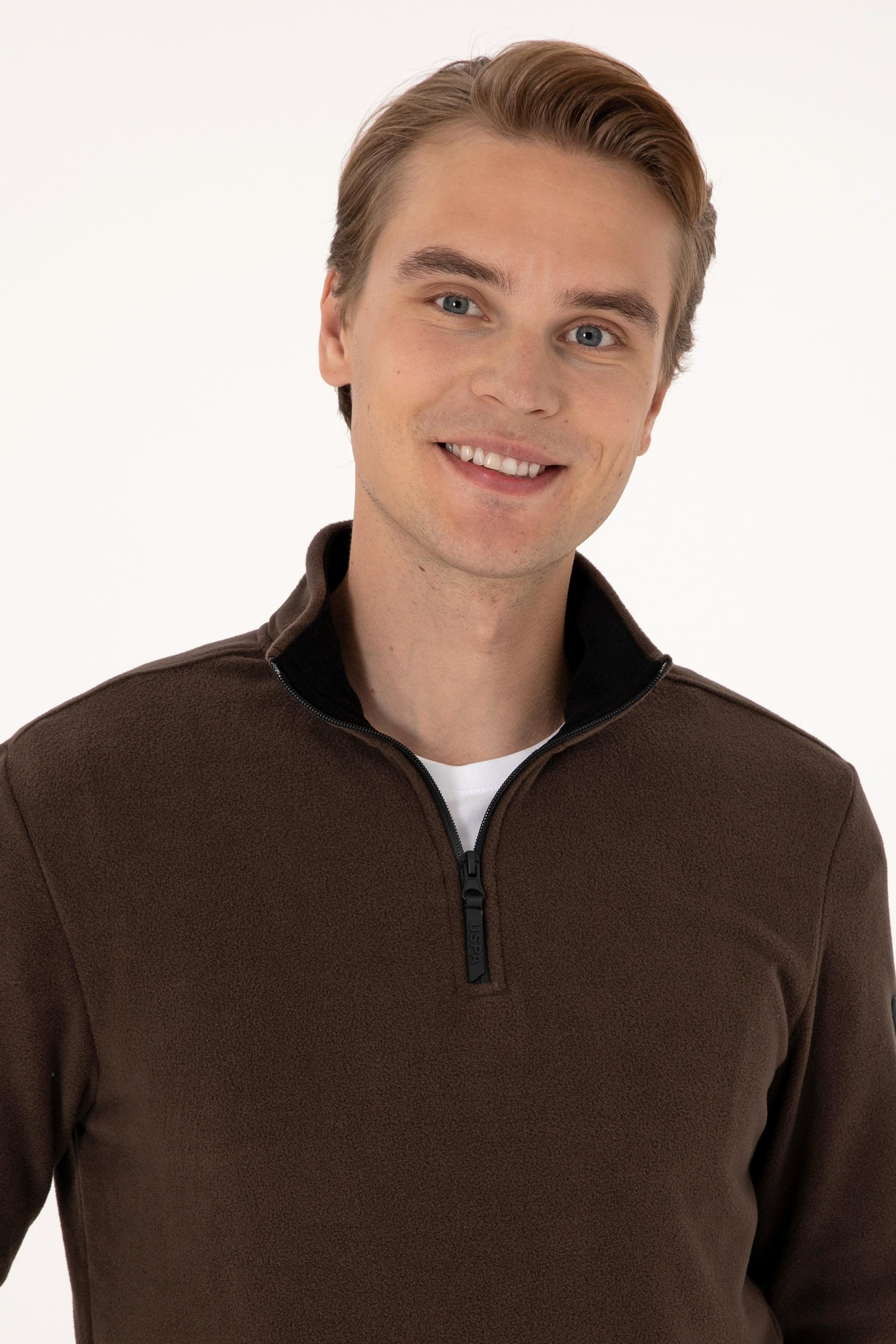 Erkek Regular Fit Koyu Kahverengi Polar Yarım Fermuarlı Basic Sweatshirt