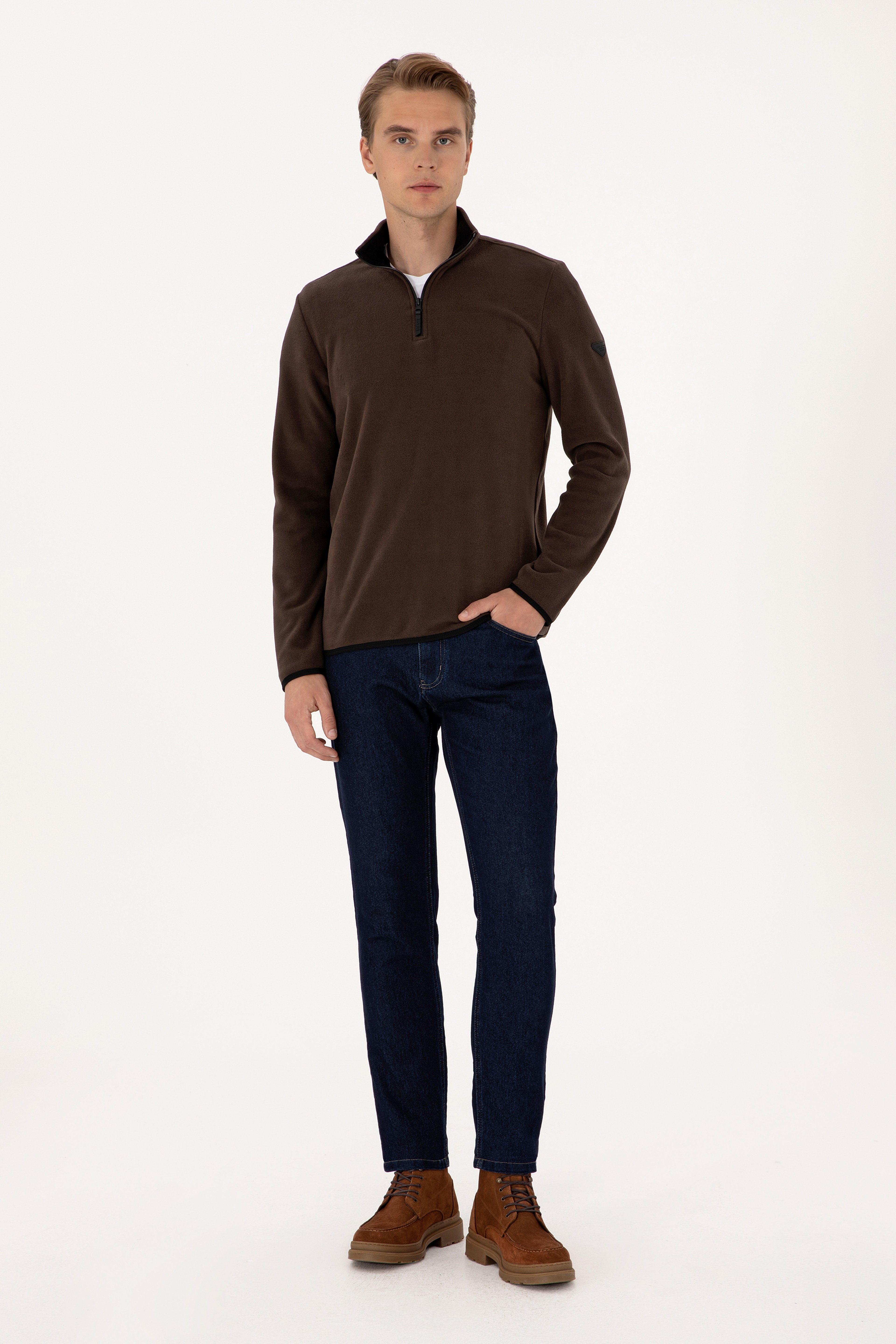 Erkek Regular Fit Koyu Kahverengi Polar Yarım Fermuarlı Basic Sweatshirt
