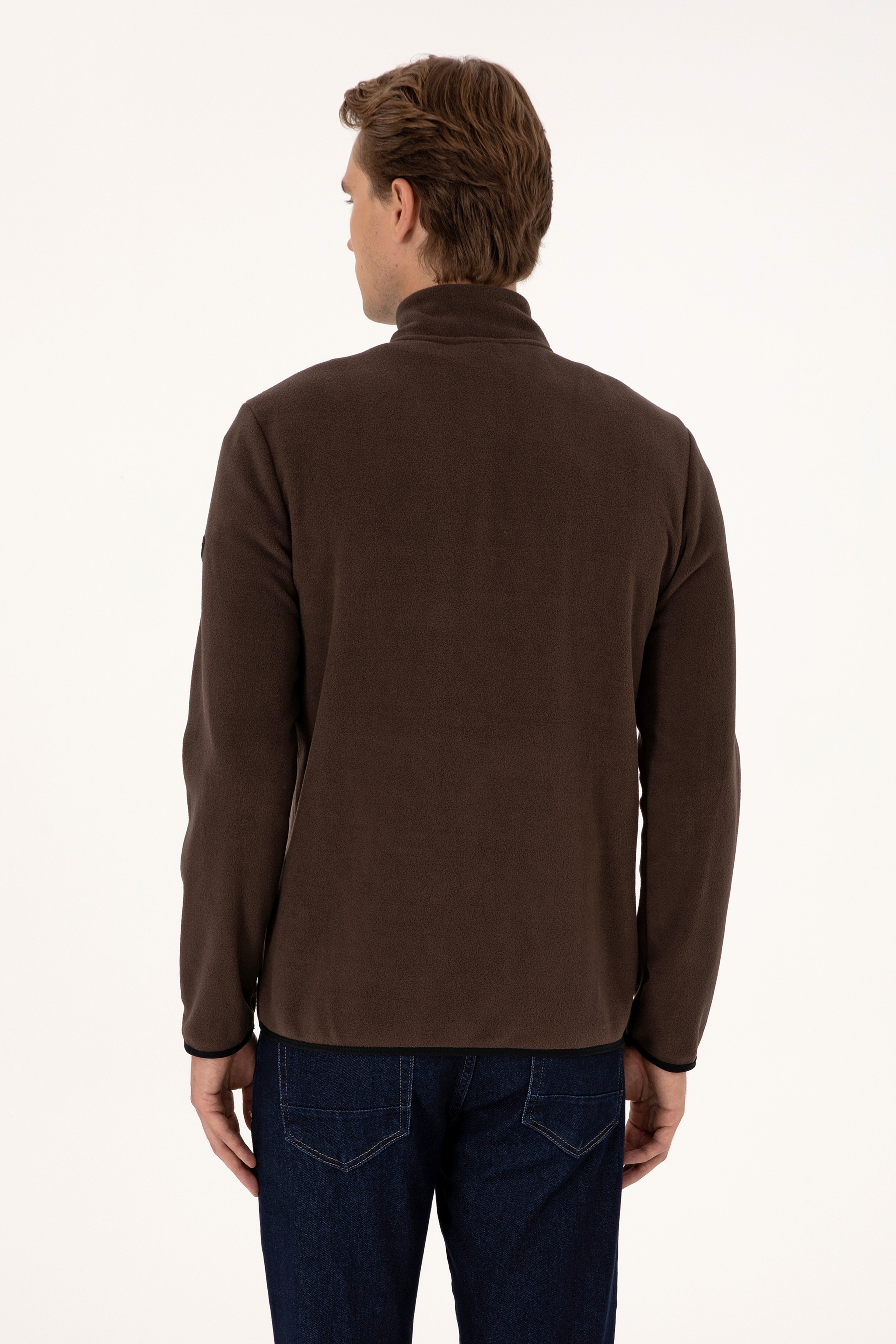 Erkek Regular Fit Koyu Kahverengi Polar Yarım Fermuarlı Basic Sweatshirt